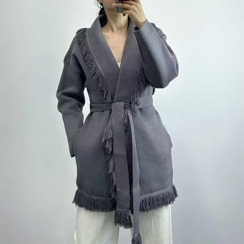 Wool Coat Peacoat - 여성용 프린지 롱 울 니트 가디건,