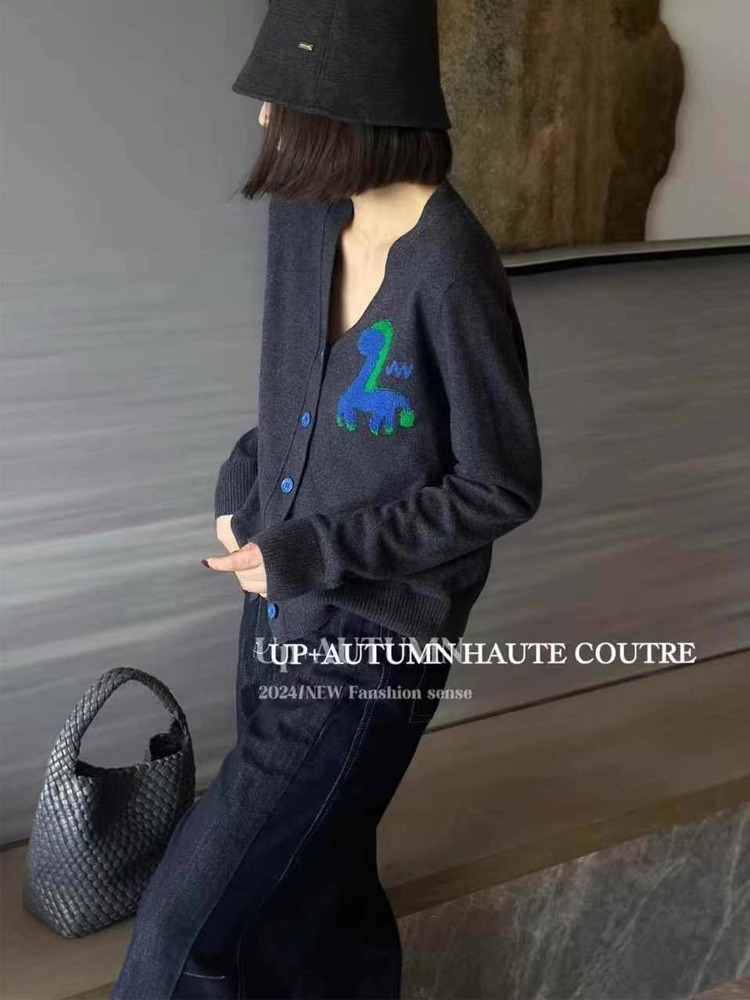 Wool Coat Peacoat - V넥 100% 캐시미어 자카드 니트 가디건